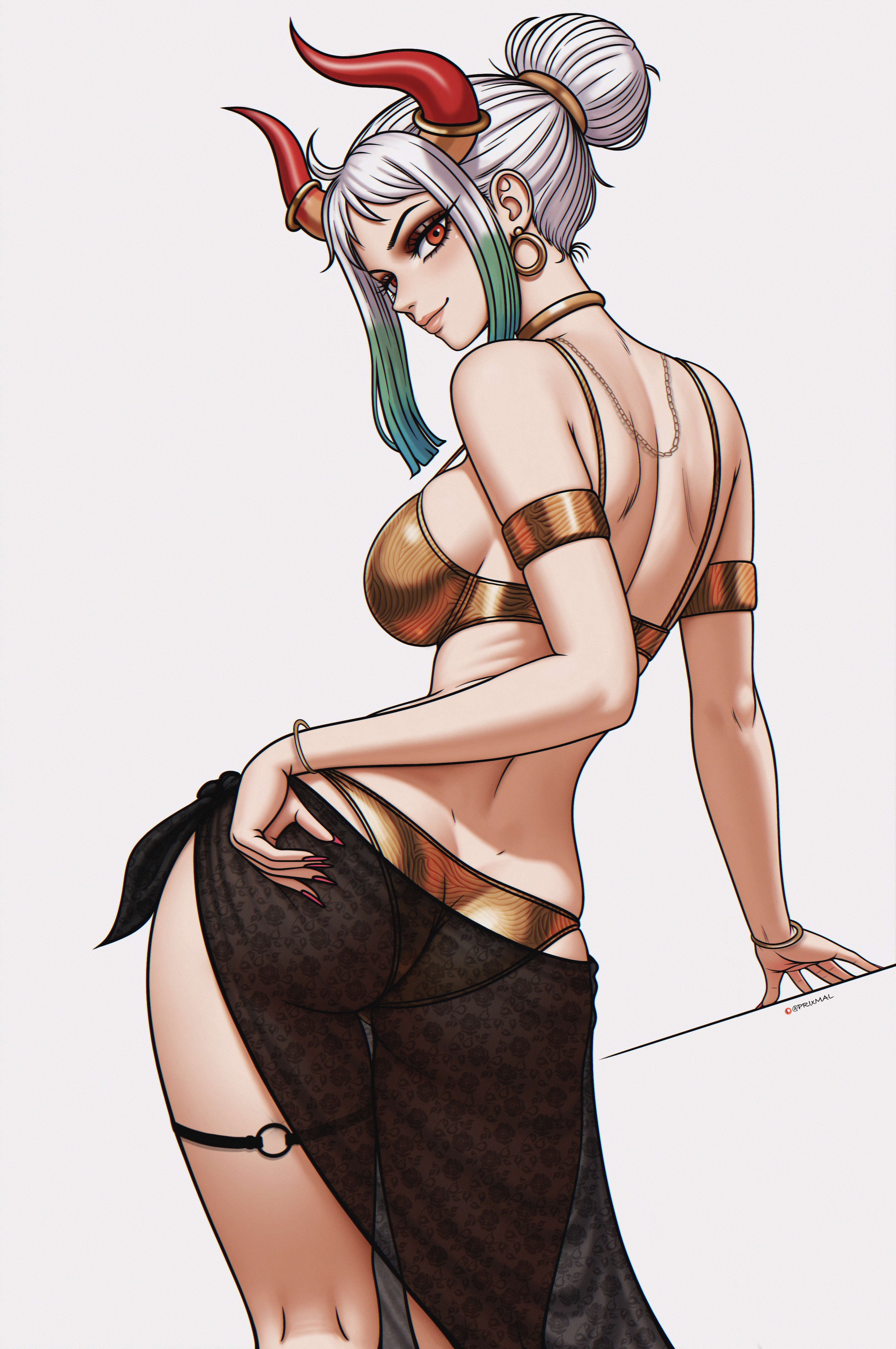 prixmal, yamato (one piece), one piece, absurdres, commentary, english commentary, highres, 1girl, ass, bare shoulders, bikini, black sarong, breasts, cowboy shot, earrings, from behind, gold bikini, green hair, grey background, grey hair, hair bun, horns, jewelry, large breasts, looking at viewer, multicolored hair, red eyes, sarong, simple background, solo, swimsuit, two-tone hair