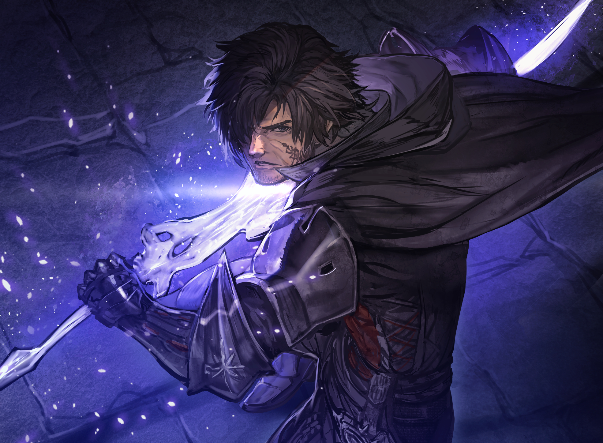 hide (hideout), clive rosfield, final fantasy, final fantasy xvi, highres, 1boy, beard, beard stubble, black cape, black hair, blue eyes, cape, chinstrap beard, facial hair, facial tattoo, gauntlets, holding, holding sword, holding weapon, leather, leather vest, male focus, short hair, stubble, sword, tattoo, vest, weapon