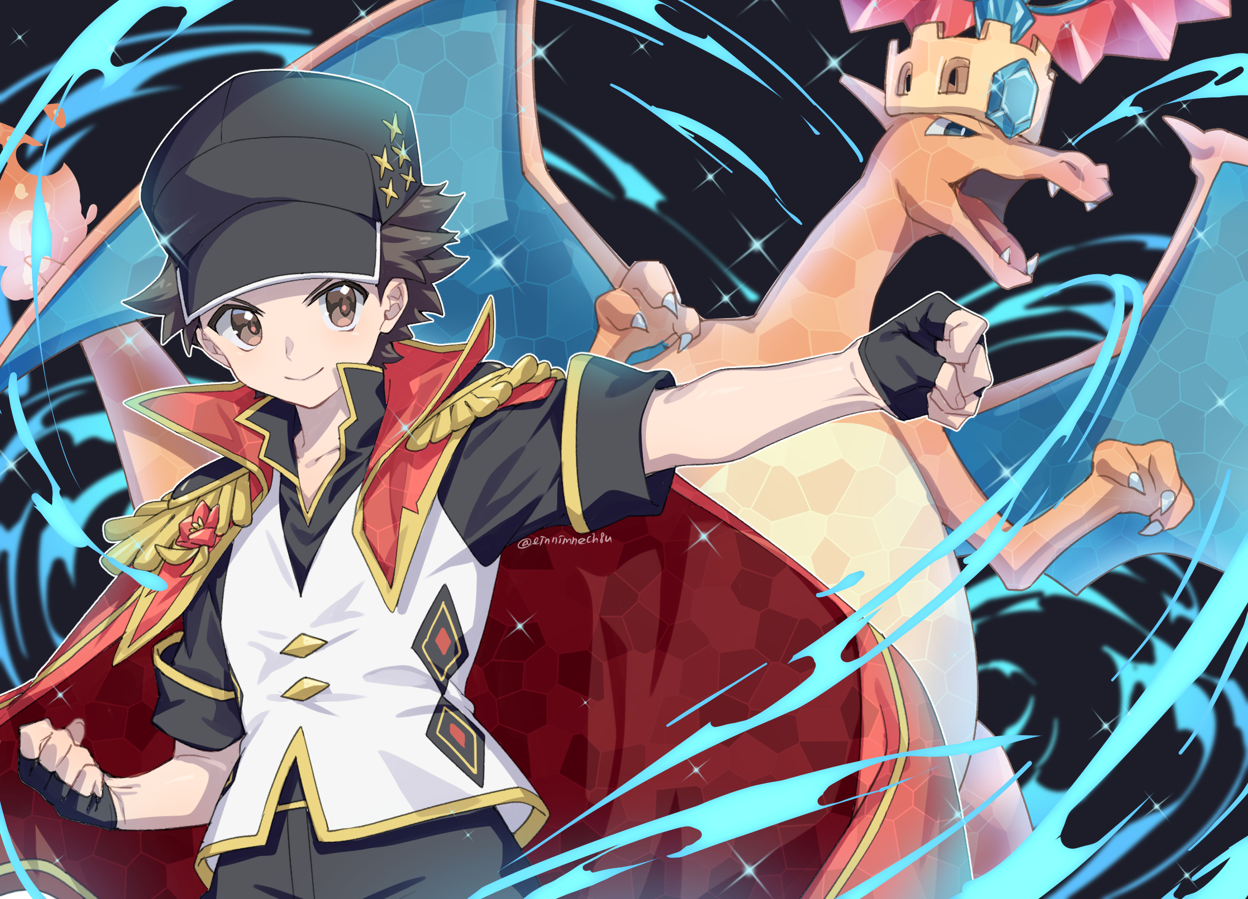 88 (einnimnech), charizard, red (anniversary 2025) (pokemon), red (pokemon), nintendo, pokemon, pokemon masters ex, highres, 1boy, black gloves, black hat, black shirt, brown eyes, brown hair, cape, claws, closed mouth, dragon, epaulettes, fangs, fingerless gloves, fire, flame-tipped tail, gen 1 pokemon, gloves, hat, male focus, official alternate costume, open mouth, pokemon (creature), popped collar, red cape, shirt, short hair, smile, tail, terastallization, vest, white vest, wings