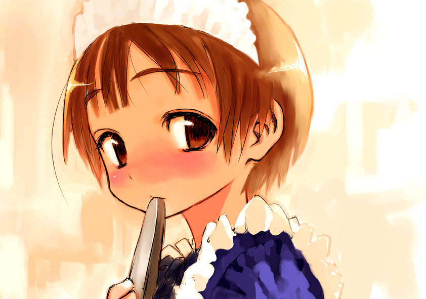 sasahara yuuki, blush, brown eyes, brown hair, maid, mouth hold, short hair, solo