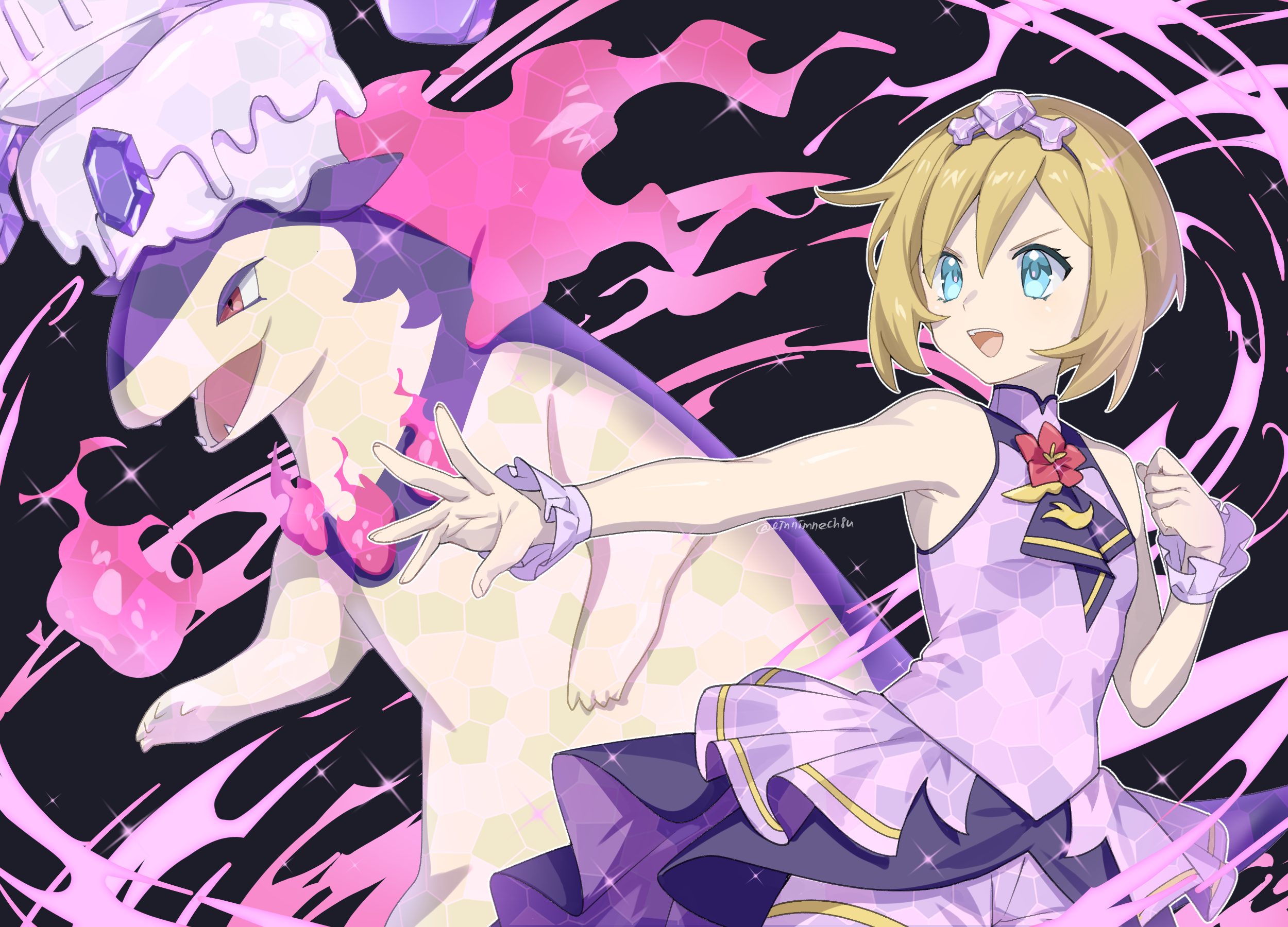 88 (einnimnech), hisuian typhlosion, irida (anniversary 2025) (pokemon), irida (pokemon), nintendo, pokemon, pokemon masters ex, highres, 1girl, blonde hair, breasts, dress, fangs, fire, flower, hair between eyes, headband, neckerchief, official alternate costume, open mouth, pokemon (creature), purple dress, purple fire, purple fur, purple headband, purple neckerchief, purple wrist cuffs, short hair, sleeveless, sleeveless dress, smile, teeth, terastallization, upper teeth only, wrist cuffs, yellow fur
