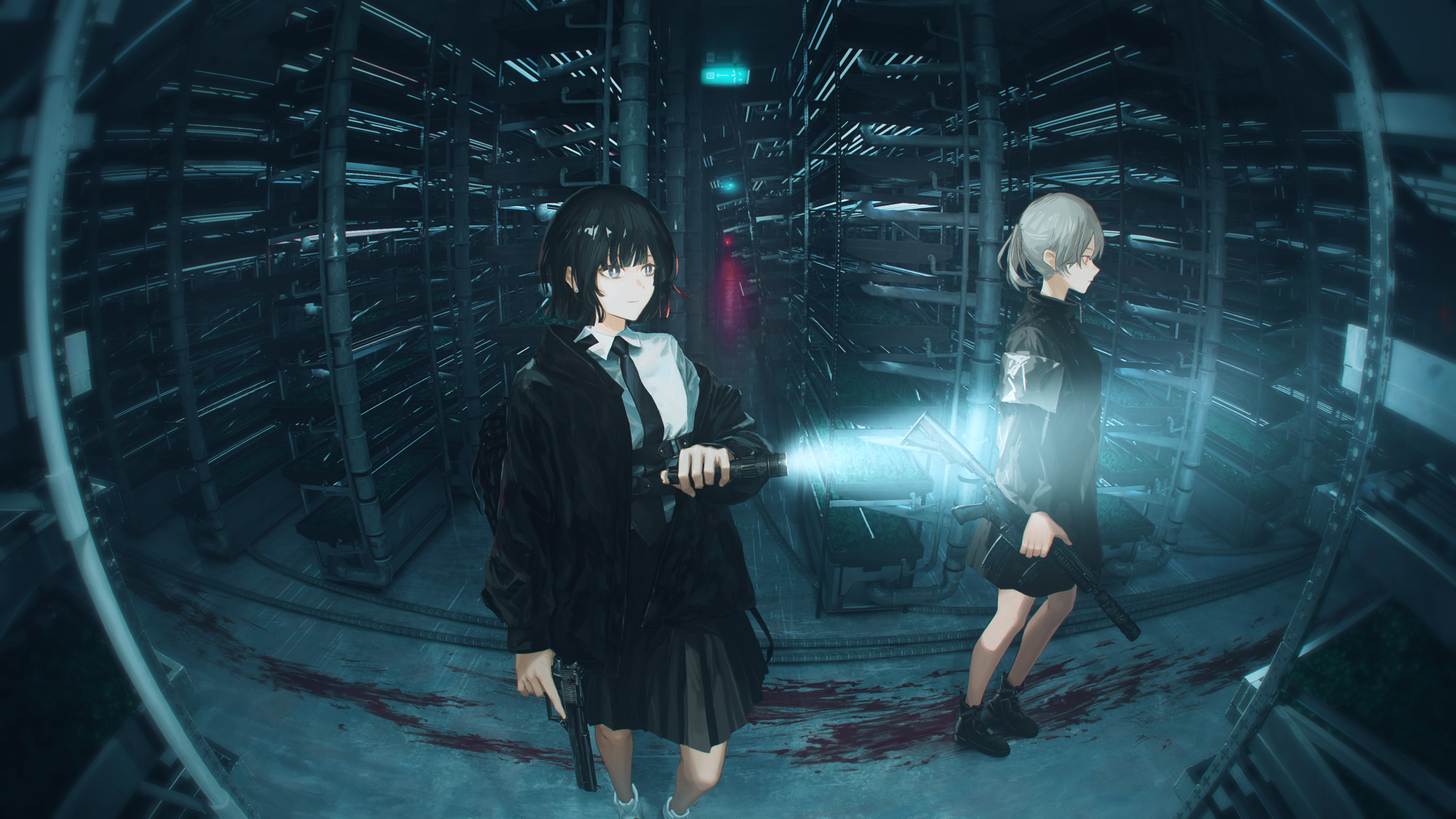 lantern2015, original, absurdres, highres, 2girls, assault rifle, black hair, black jacket, black shoes, black skirt, blood, blood trail, closed mouth, desert eagle, expressionless, fisheye, flashlight, grey hair, gun, h&k hk416, handgun, holding, holding flashlight, holding gun, holding weapon, indoors, jacket, long sleeves, multiple girls, off shoulder, open clothes, open jacket, pleated skirt, rifle, school uniform, shelf, shirt, shoes, short hair, skirt, weapon, white shirt