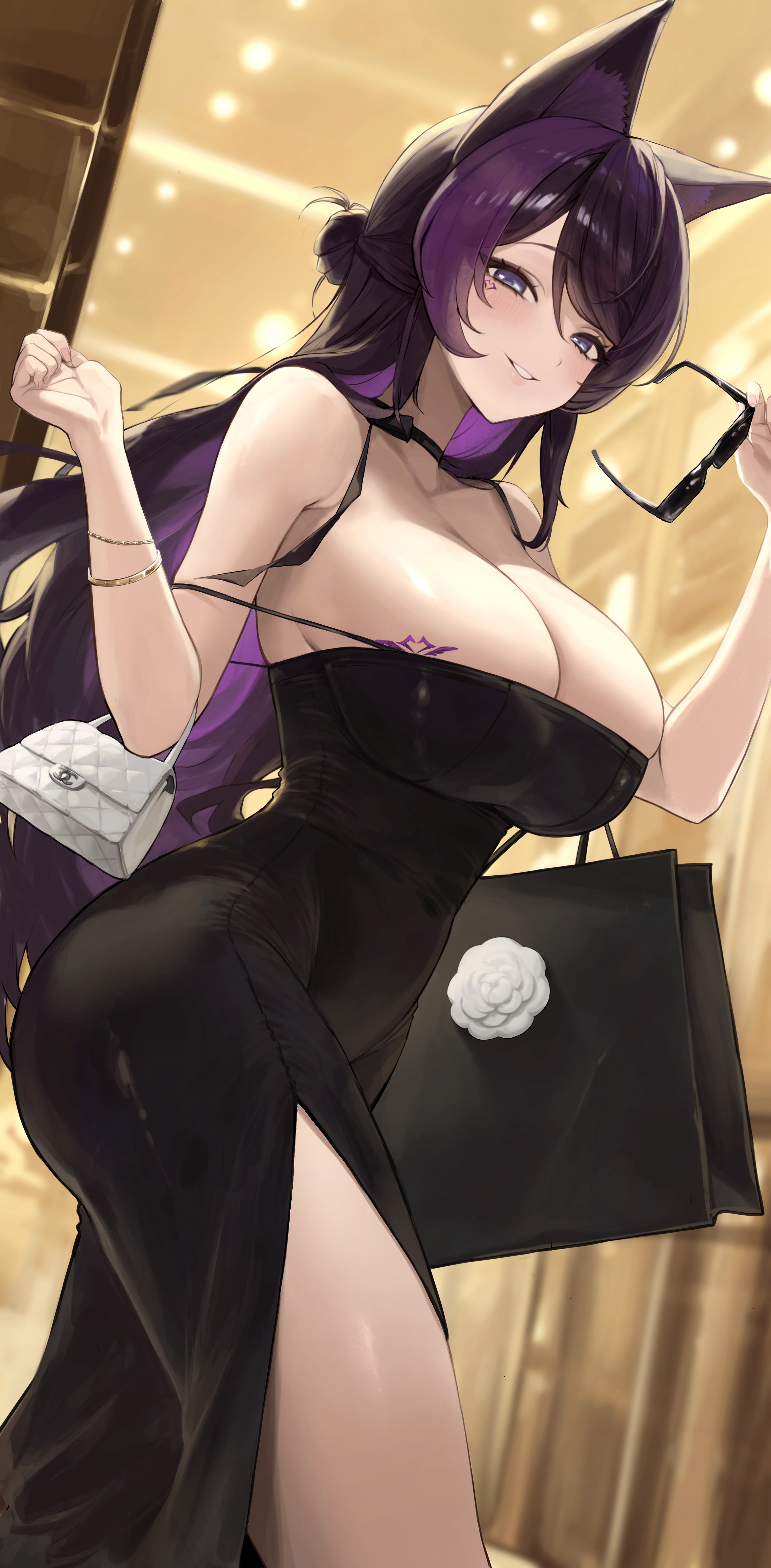sheng zhidou, mizugaiya, original, absurdres, commentary, commission, english commentary, highres, pixiv commission, 1girl, animal ear fluff, animal ears, bag, bare shoulders, black bag, black dress, blue eyes, blush, breast tattoo, breasts, brown hair, cleavage, collarbone, colored inner hair, covered navel, dress, facial mark, fox ears, fox girl, half-closed eyes, handbag, holding, holding removed eyewear, indoors, large breasts, long hair, looking at viewer, mark under eye, multicolored hair, parted lips, purple hair, shoulder bag, smile, solo, strap slip, sunglasses, tattoo, tight clothes, tight dress, two-tone hair, unworn eyewear, white bag