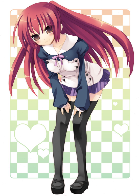 sazaki ichiri, kousaka tamaki, to heart (series), to heart 2, tagme, 00s, 1girl, :3, black thighhighs, blush, brown eyes, checkered background, female focus, heart, leaning forward, long hair, long sleeves, purple skirt, red hair, skirt, solo, thighhighs, zettai ryouiki