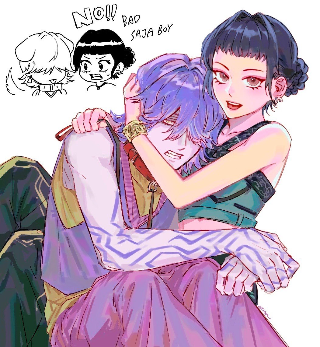 ena33333333, mystery (kpop demon hunter), zoey (kpop demon hunters), kpop demon hunters, 1boy, 1girl, black hair, blunt bangs, earrings, hair bun, hair over eyes, hair over one eye, jewelry, purple hair, shirt, short bangs, sidelocks, smile