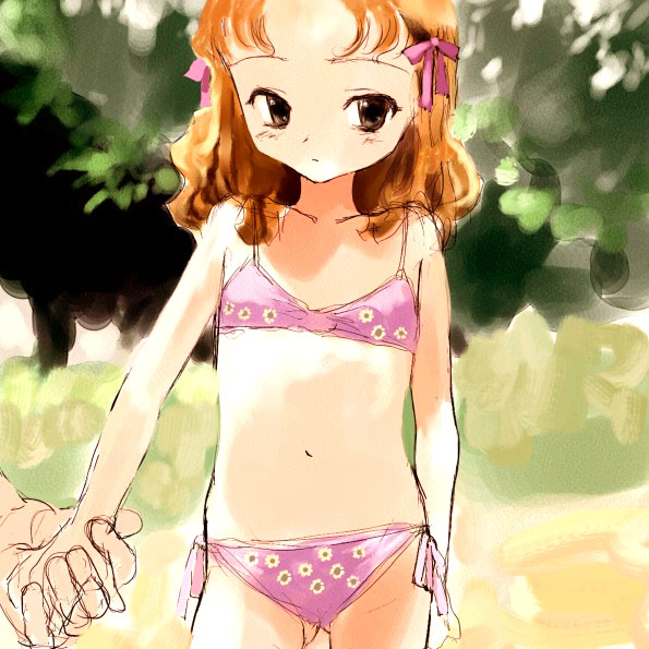 sasahara yuuki, 1girl, bikini, black eyes, brown hair, flat chest, hair ribbon, holding hands, midriff, outdoors, ribbon, side-tie bikini bottom, solo focus, swimsuit