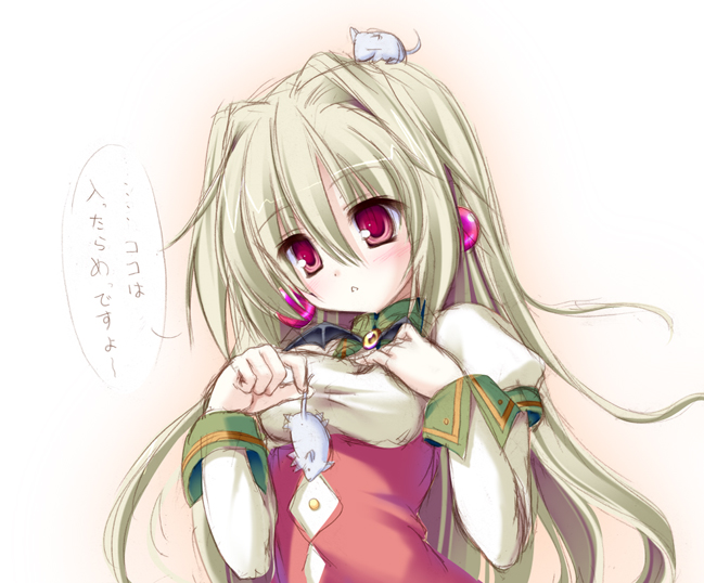original, eyebrows, 1girl, blonde hair, blush, clothes tug, dress, earrings, female focus, hair between eyes, hand on own chest, jewelry, juliet sleeves, long hair, long sleeves, mouse (animal), puffy sleeves, red dress, red eyes, simple background, solo, tareme, upper body, very long hair, white background