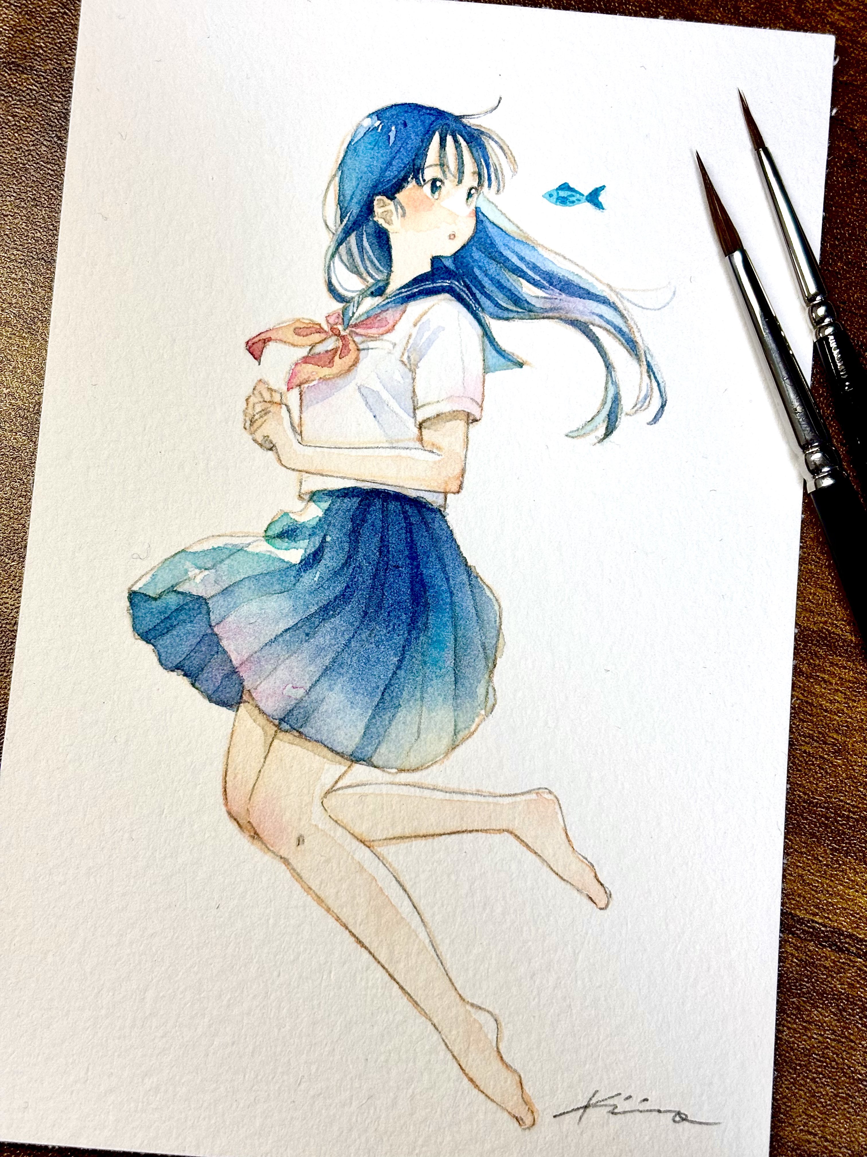 aose kiiro, original, absurdres, highres, painting (medium), photo (medium), traditional media, art tools in frame, black hair, blue eyes, braid, fish, from side, full body, long hair, looking at animal, looking to the side, school uniform, shirt, short sleeves, signature, skirt, white shirt