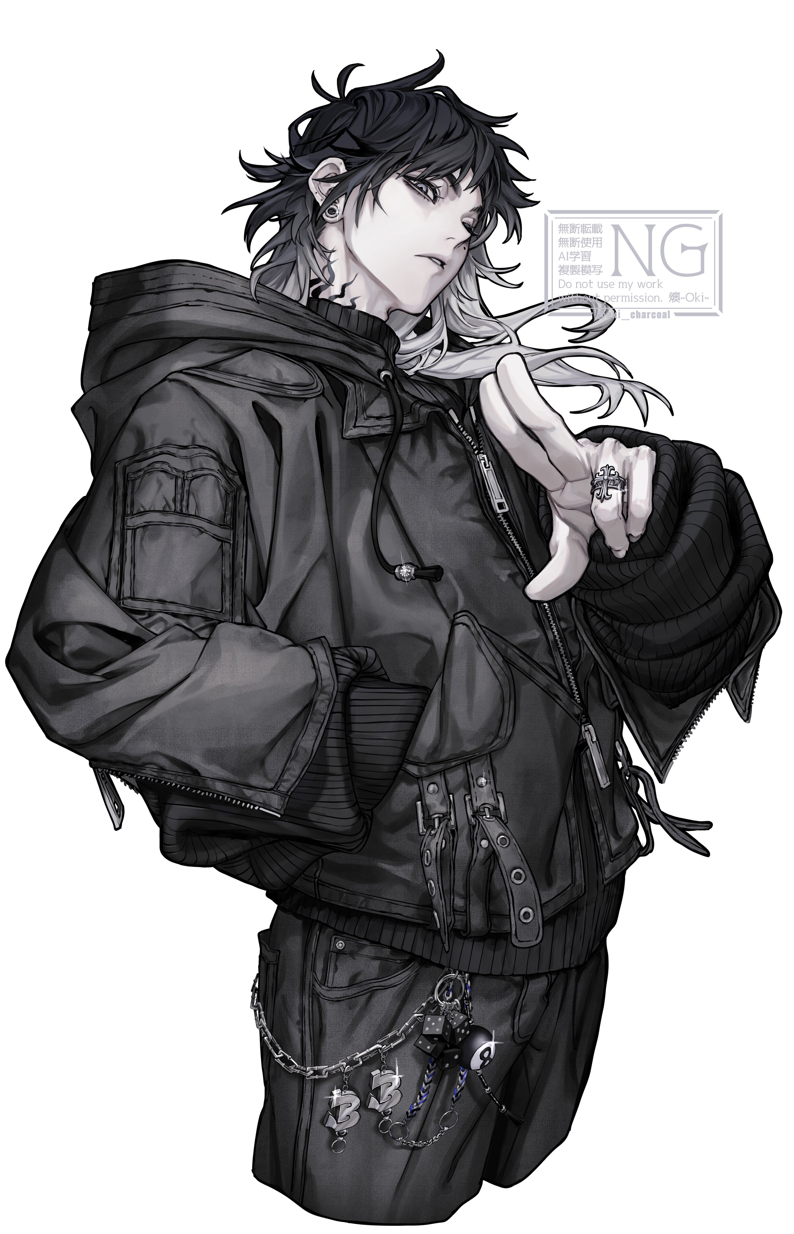 oki charcoal, absurdres, character request, copyright request, highres, 1boy, black hair, black hoodie, black pants, cropped legs, earrings, eyelashes, gradient hair, hand in pocket, hood, hoodie, jewelry, long eyelashes, long hair, long sleeves, looking at viewer, male focus, mole, mole under eye, multicolored hair, nose, pants, ring, scar, scar on neck, simple background, solo, teeth, white background, white hair, zipper