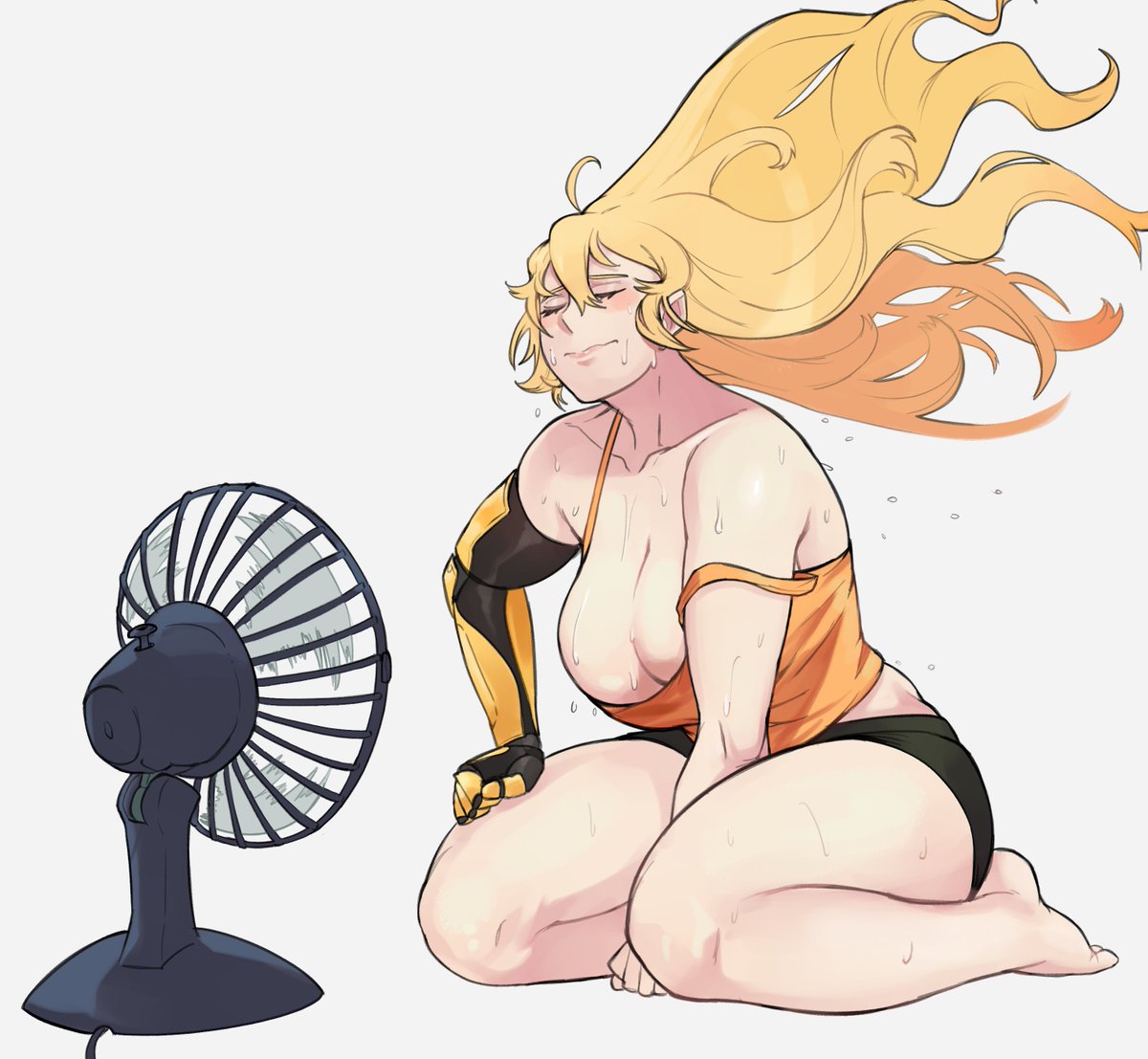 hentaly, yang xiao long, rwby, 1girl, ahoge, black shorts, blonde hair, breasts, cleavage, electric fan, hot, kneeling, large breasts, long hair, mechanical arms, orange tank top, prosthesis, prosthetic arm, shorts, single mechanical arm, solo, sweat, tank top, wavy hair