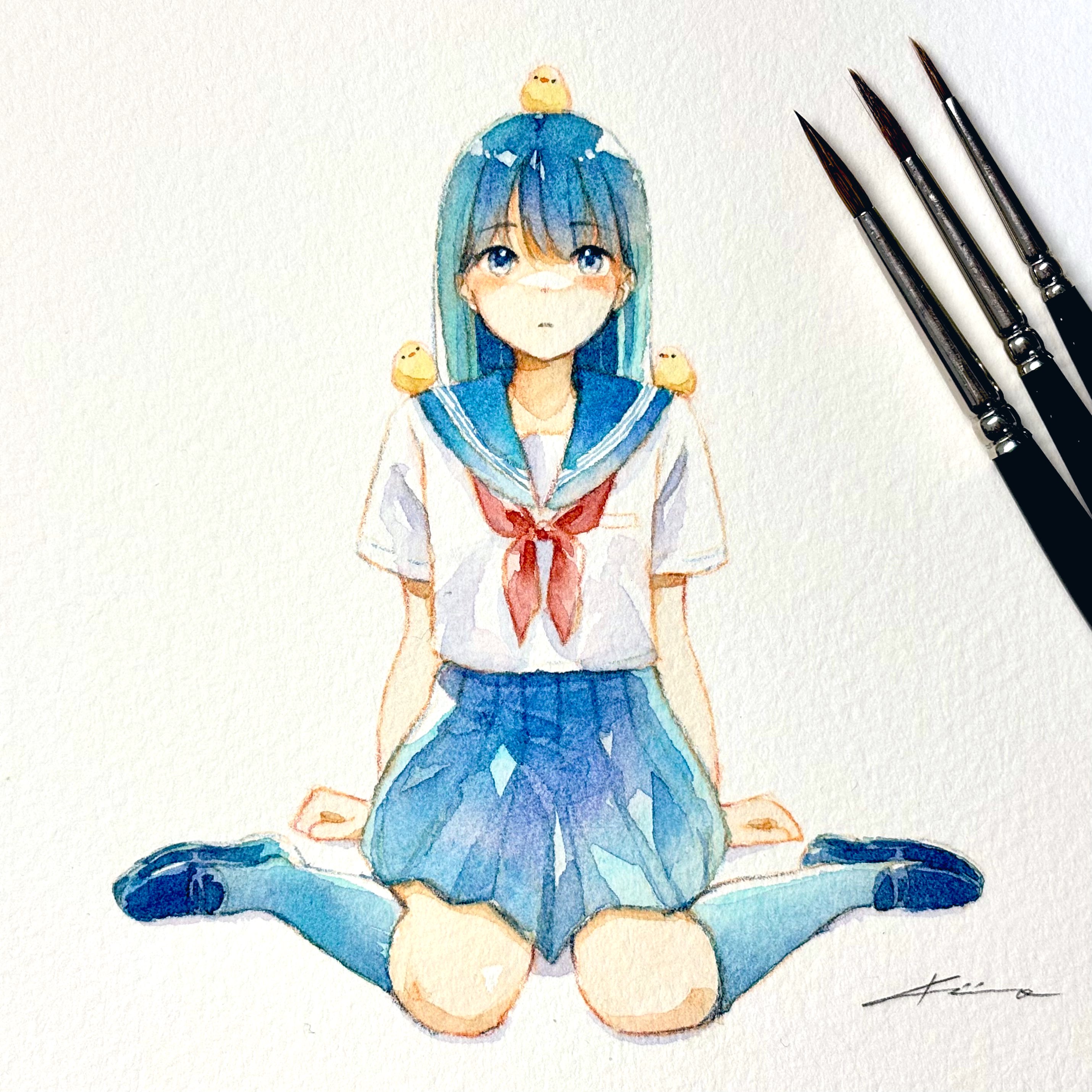 aose kiiro, original, absurdres, highres, photo (medium), black hair, blue eyes, full body