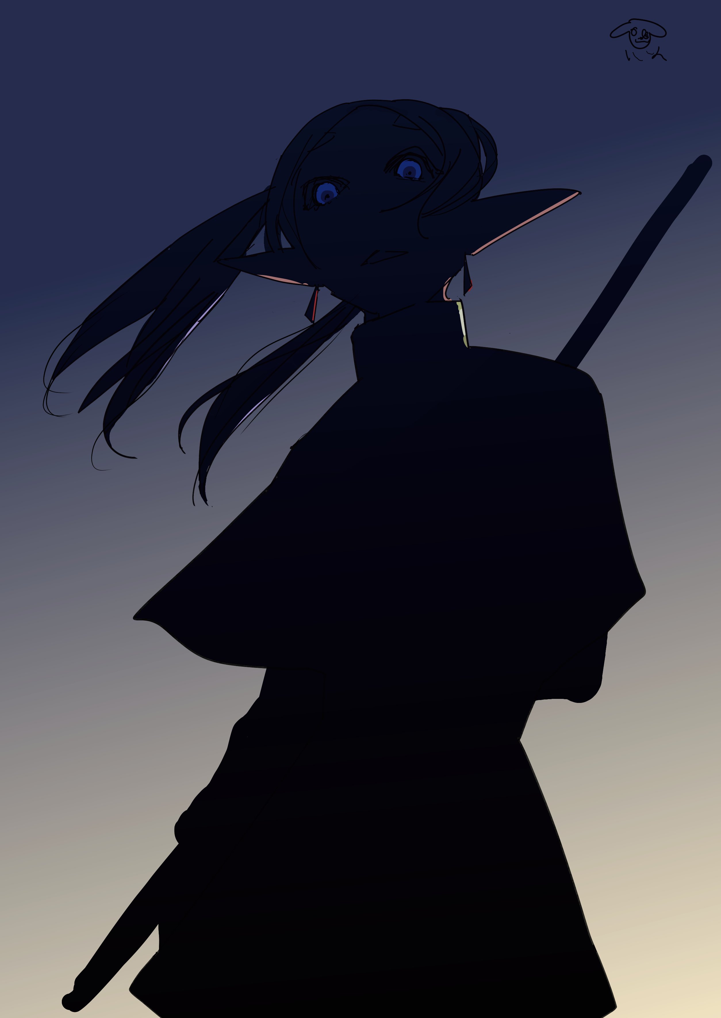 frieren, sousou no frieren, absurdres, highres, 1girl, blue eyes, dusk, earrings, elf, eyed silhouette, gradient sky, holding, holding staff, jewelry, looking at viewer, outdoors, pointy ears, pon2pin2, silhouette, sky, solo, staff