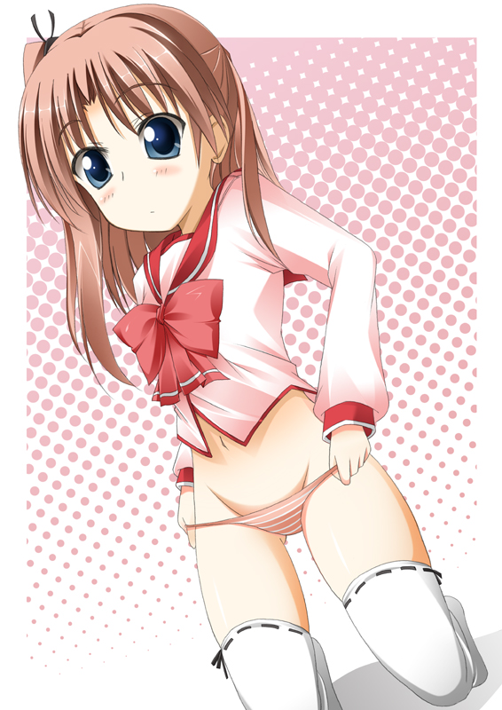 shio, maaryan (to heart), to heart (series), to heart 2, 00s, 1girl, female focus, panties, ribbon-trimmed legwear, ribbon trim, solo, striped clothes, striped panties, thighhighs, underwear