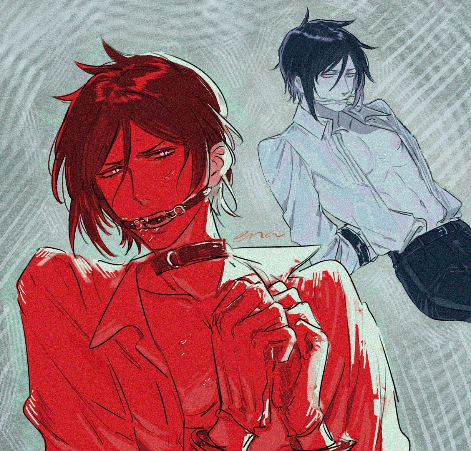 ena33333333, sebastian michaelis, kuroshitsuji, highres, black hair, collar, fangs, gagged, gloves, hair between eyes, male focus, pale skin, shirt, short hair, sweat, teeth