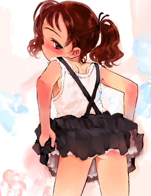 sasahara yuuki, copyright request, 1girl, ass, blush, clothes lift, female focus, loli, no panties, skirt, skirt lift, solo, twintails