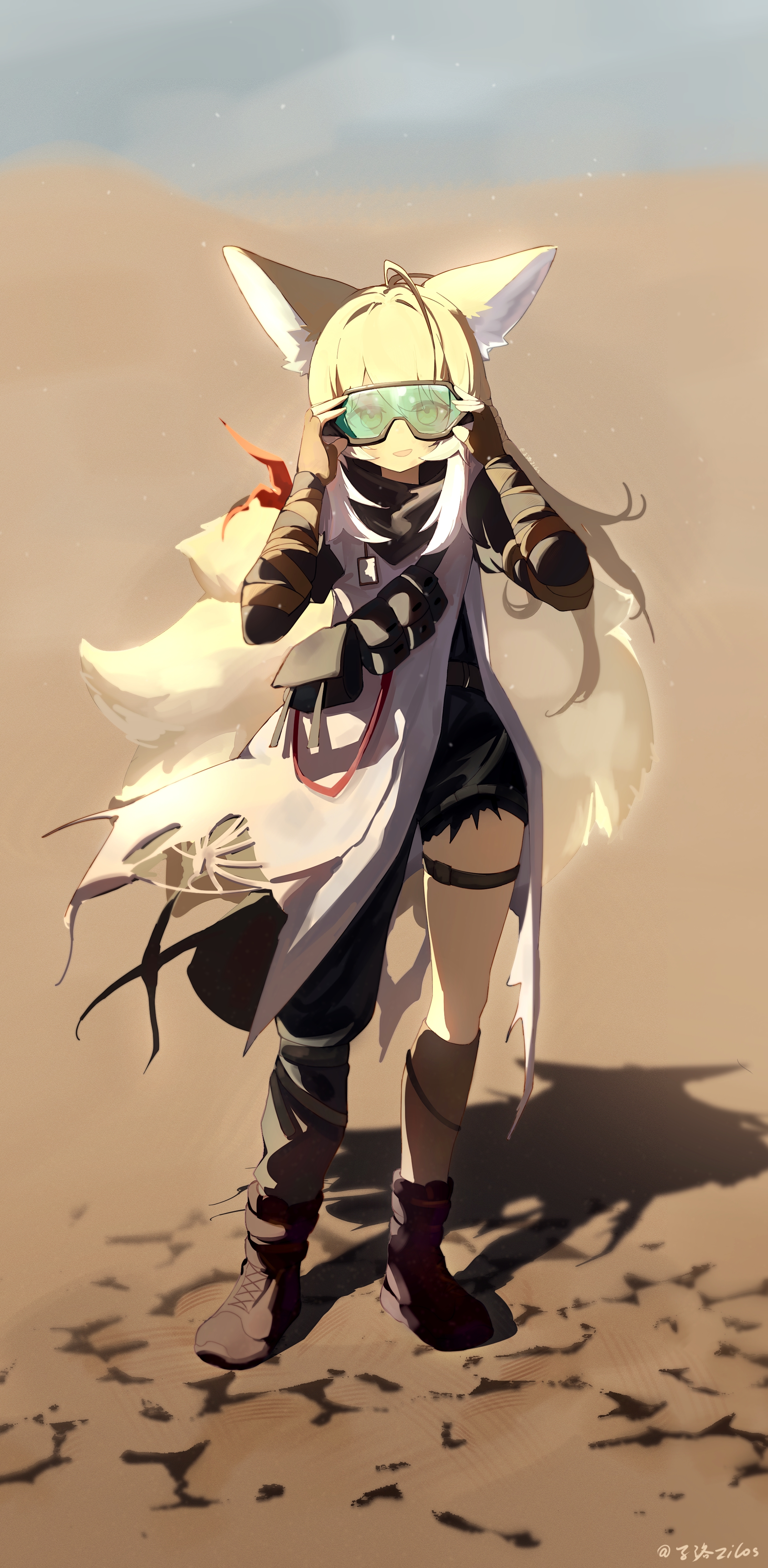 suzuran (arknights), suzuran (lostlands flowering) (arknights), arknights, absurdres, highres, 1girl, :d, adjusting goggles, ahoge, animal ears, ankle boots, arm wrap, asymmetrical legwear, black leg warmers, blonde hair, boots, brown boots, brown gloves, brown socks, day, desert, fingerless gloves, full body, gloves, goggles, green eyes, huge ahoge, kneehighs, leg warmers, long hair, looking at viewer, mismatched legwear, multicolored hair, multiple tails, official alternate costume, open mouth, outdoors, shadow, single kneehigh, single leg warmer, single sock, ski goggles, smile, socks, solo, standing, streaked hair, sunlight, tail, thigh strap, white hair, yellow tail, zi luo (zilos)