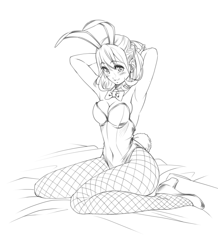 eibon, senomiya akiho, robotics;notes, robotics;notes dash, science adventure, 1girl, animal ears, armpits, arms behind head, arms up, bare shoulders, bow, bowtie, braid, breasts, cleavage, covered navel, detached collar, fake animal ears, fake tail, fishnets, full body, greyscale, half up braid, highleg, highleg leotard, kneeling, leotard, long hair, looking at viewer, medium breasts, monochrome, open mouth, playboy bunny, rabbit ears, rabbit tail, simple background, sitting, smile, solo, strapless, strapless leotard, tail, thick thighs, thighs, tongue, wariza, white background, wide hips, wrist cuffs