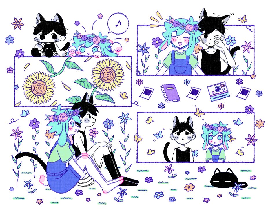 2727 onigiri, basil (headspace) (omori), basil (omori), mewo, omori (omori), omori, 2boys, animal ears, antenna hair, black eyes, black hair, black socks, black tank top, blue overalls, book, bug, butterfly, cat, cat boy, cat ears, cat tail, chibi, closed mouth, colored skin, flower, green eyes, green hair, green shirt, insect, kemonomimi mode, kneehighs, knees up, male focus, multiple boys, one eye closed, open mouth, overall shorts, overalls, photo (object), rabbit boy, rabbit ears, rabbit tail, rubbing eyes, shirt, short hair, sitting, socks, sunflower, t-shirt, tail, tank top, white skin
