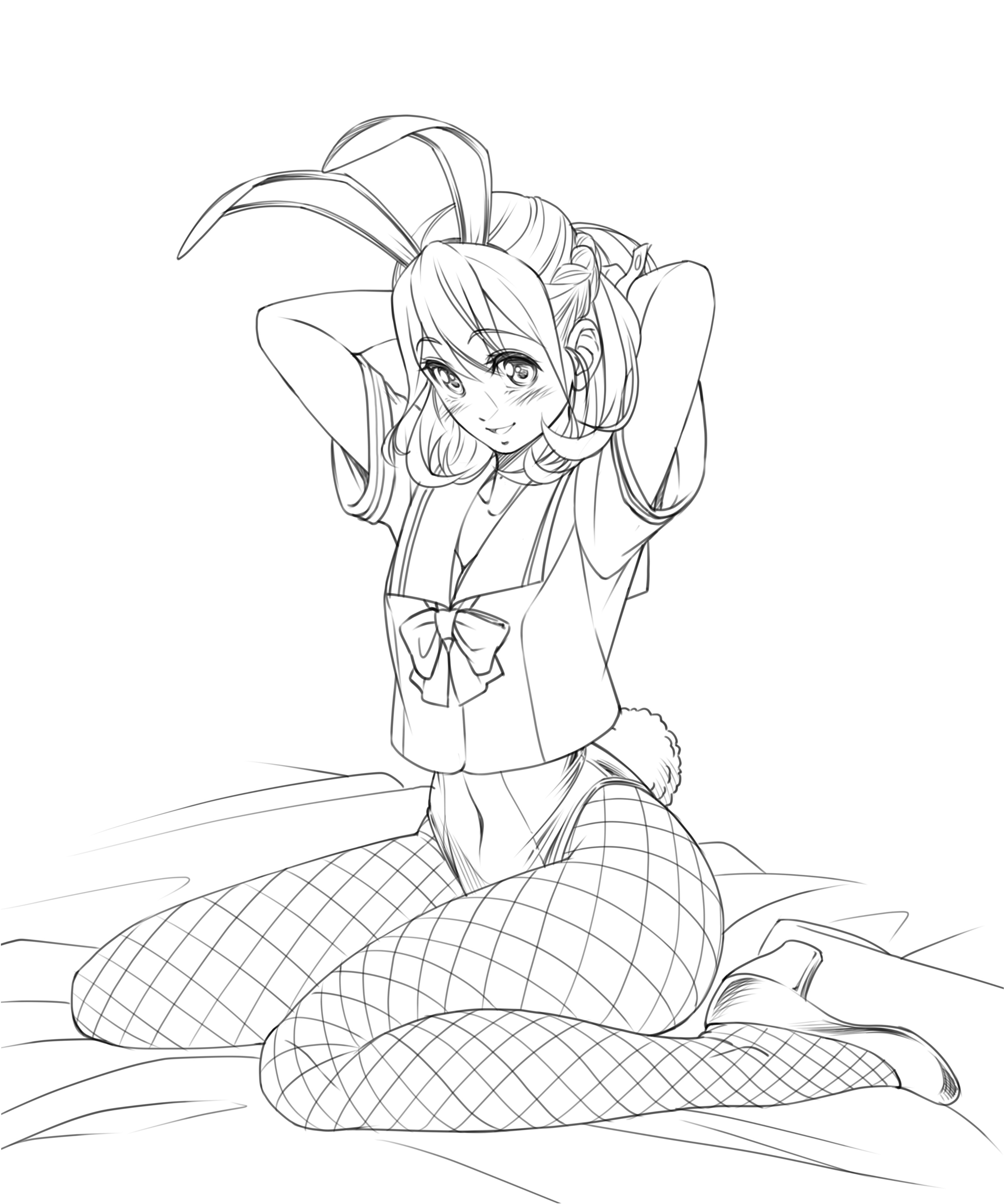 eibon, senomiya akiho, robotics;notes, robotics;notes dash, science adventure, absurdres, highres, 1girl, animal ears, armpits, arms behind head, arms up, bare shoulders, bow, bowtie, braid, breasts, chuo tanegashima high school uniform, cleavage, covered navel, detached collar, fake animal ears, fake tail, fishnets, full body, greyscale, half up braid, highleg, highleg leotard, kneeling, leotard, leotard under clothes, long hair, looking at viewer, medium breasts, monochrome, open mouth, playboy bunny, rabbit ears, rabbit tail, school uniform, shirt, simple background, sitting, smile, solo, strapless, strapless leotard, tail, thick thighs, thighs, tongue, wariza, white background, wide hips, wrist cuffs