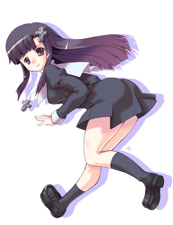 yukimura tsubame, zange, kannagi, 00s, 1girl, black dress, black socks, blunt bangs, dress, female focus, from behind, full body, hair ornament, juliet sleeves, kneehighs, loafers, long hair, long sleeves, looking at viewer, looking back, puffy sleeves, shoes, socks, solo, very long hair, x hair ornament