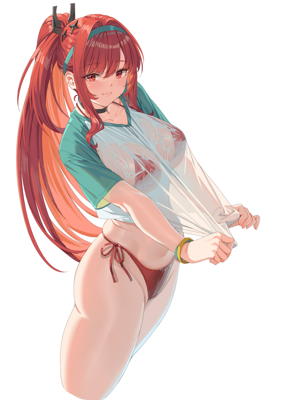 fangxiang cuoluan, rapi (nikke), rapi (red hood) (red flavor) (nikke), goddess of victory: nikke, highres, paid reward available, 1girl, bikini, black choker, breasts, choker, closed mouth, large breasts, long hair, looking at viewer, official alternate costume, ponytail, red bikini, red eyes, red hair, see-through clothes, see-through shirt, shirt, short sleeves, side-tie bikini bottom, sidelocks, simple background, smile, solo, swimsuit, t-shirt, thighs, white background