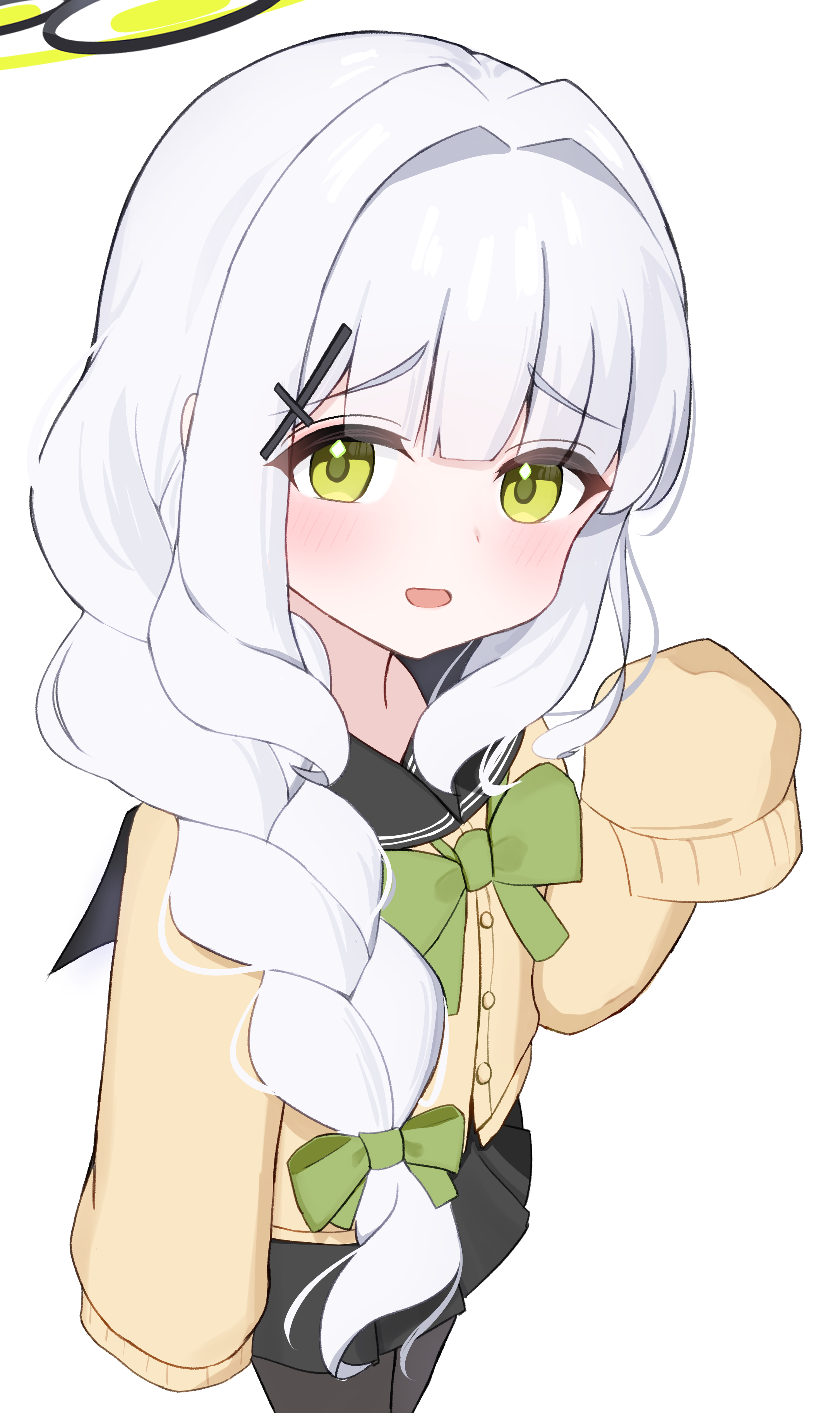 herananu117, hare (blue archive), blue archive, absurdres, highres, 1girl, alternate costume, alternate hairstyle, black halo, black pantyhose, black sailor collar, black serafuku, black skirt, blunt bangs, bow, bowtie, braid, buttons, cardigan, cross hair ornament, green bow, green bowtie, green eyes, hair bow, hair ornament, hair over shoulder, halo, hand up, light blush, long hair, long sleeves, looking at viewer, open mouth, pantyhose, sailor collar, school uniform, serafuku, single braid, skirt, sleeves past fingers, sleeves past wrists, solo, white background, white hair, yellow cardigan