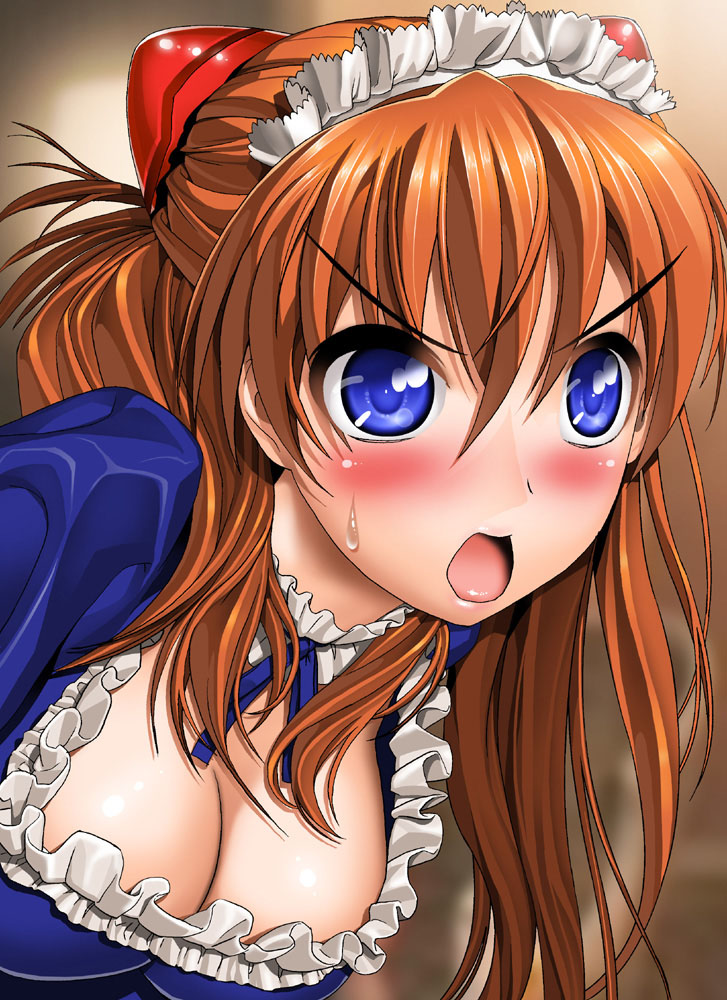 black olive, sugaishi, sugaishi (unbr), souryuu asuka langley, neon genesis evangelion, 1girl, blue eyes, blush, breasts, choker, cleavage, female focus, large breasts, long hair, maid, open mouth, orange hair, red hair, solo, sweatdrop