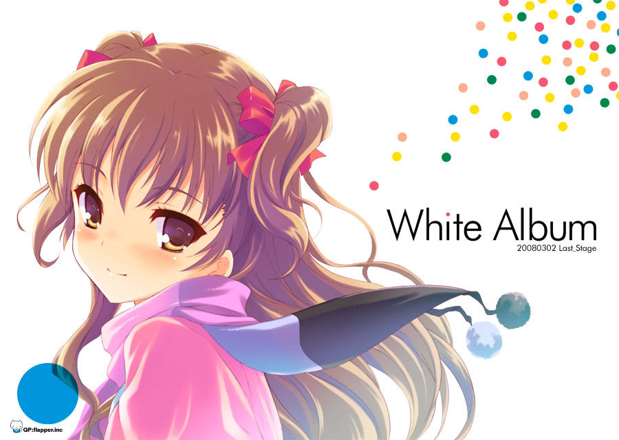 qp:flapper, ogata rina, white album, white album (series), 00s, 1girl, 2008, blush, brown eyes, brown hair, copyright name, dated, female focus, light smile, long hair, looking at viewer, multicolored scarf, pom pom (clothes), qp flapper, scarf, short twintails, solo, striped clothes, striped scarf, twintails, two side up, upper body, white background