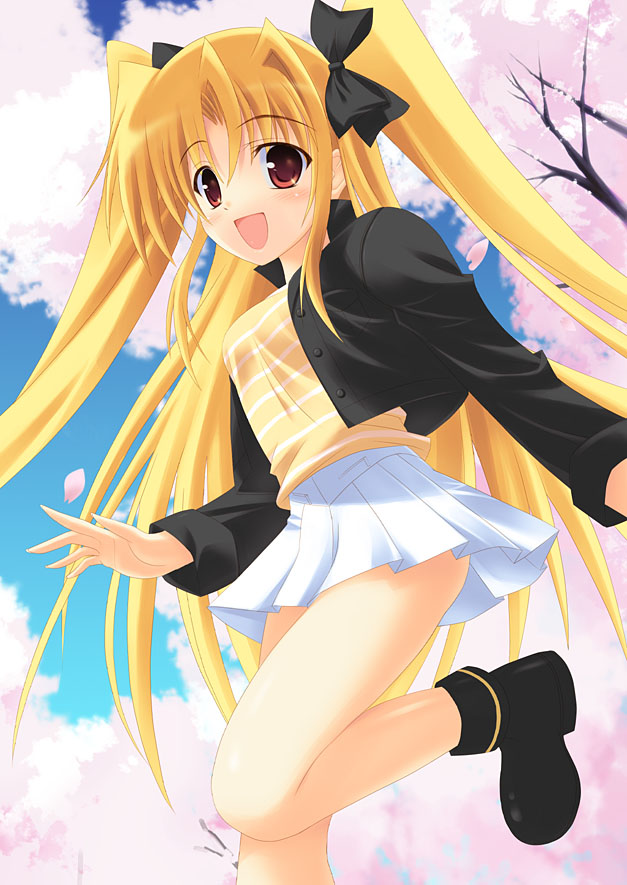 kouzuki hajime, fate testarossa, lyrical nanoha, mahou shoujo lyrical nanoha, mahou shoujo lyrical nanoha strikers, 00s, 1girl, :d, ankle boots, blonde hair, blush, boots, breasts, casual, cherry blossoms, contemporary, female focus, large breasts, long sleeves, looking at viewer, open mouth, outdoors, plant, running, smile, solo, tareme, tree