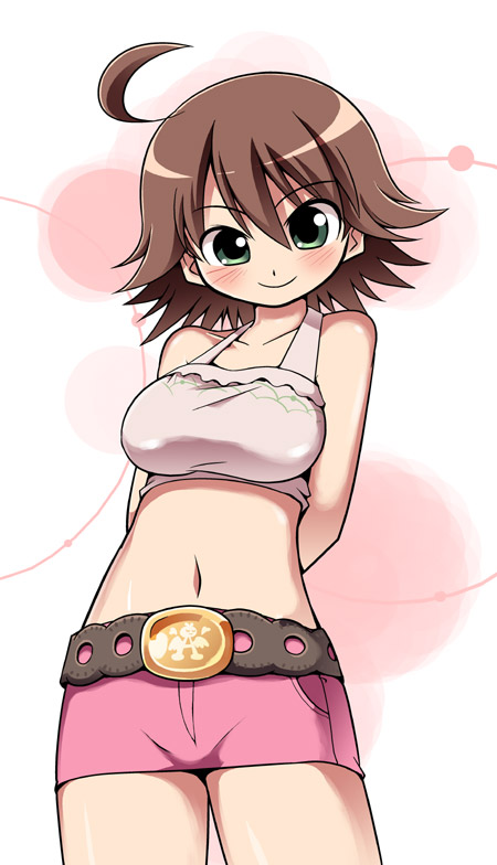 serebi ryousangata, awakened miki, hoshii miki, idolmaster, idolmaster (classic), idolmaster 1, 00s, ahoge, blush, breasts, brown hair, green eyes, large breasts, midriff, short hair, solo