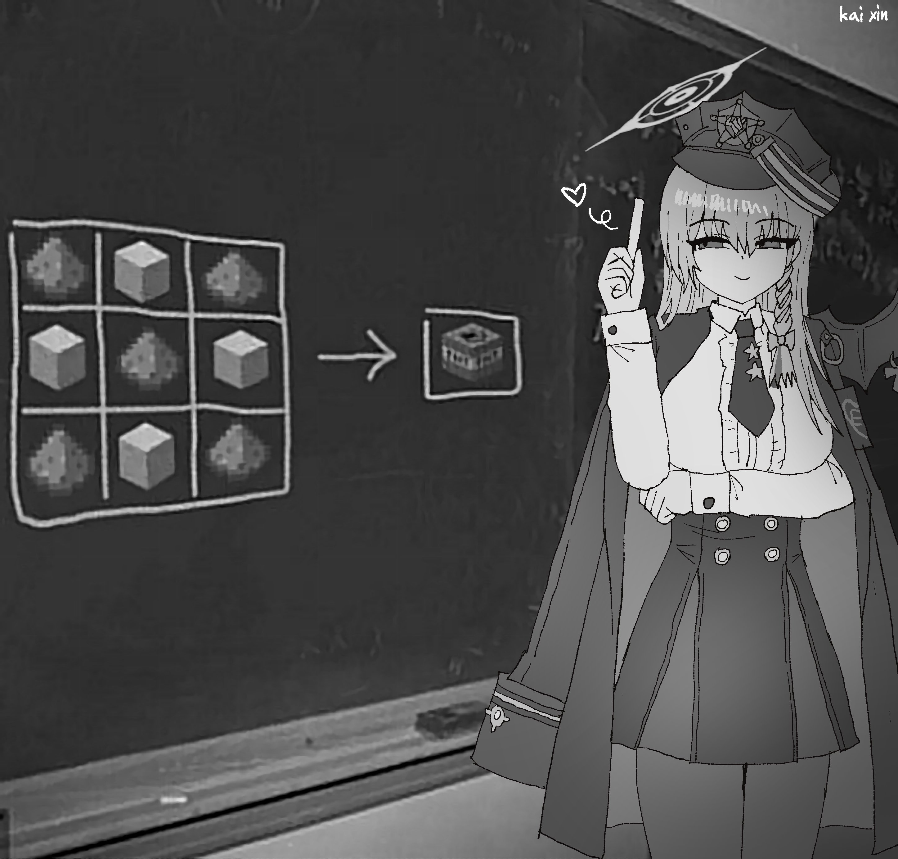 kai xin, haruna (blue archive), blue archive, minecraft, absurdres, highres, 1girl, coat, coat on shoulders, explosive, gameplay mechanics, halo, hat, heart, indoors, long hair, looking at viewer, monochrome, solo, standing, tnt, tnt block (minecraft)