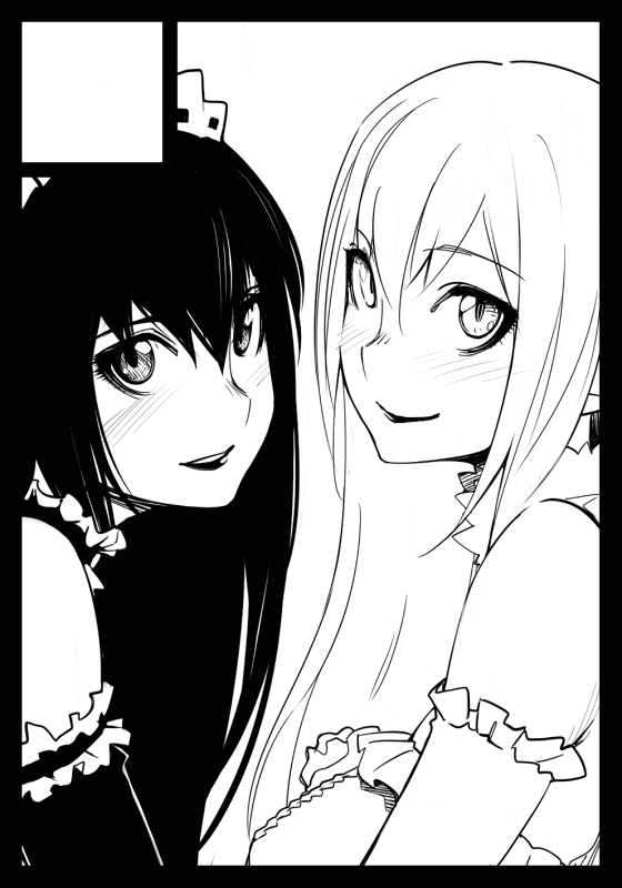 yurikawa, marie (moyashimon), yuuki kei, moyashimon, 1boy, 1girl, black border, border, circle cut, greyscale, lolita fashion, monochrome, trap