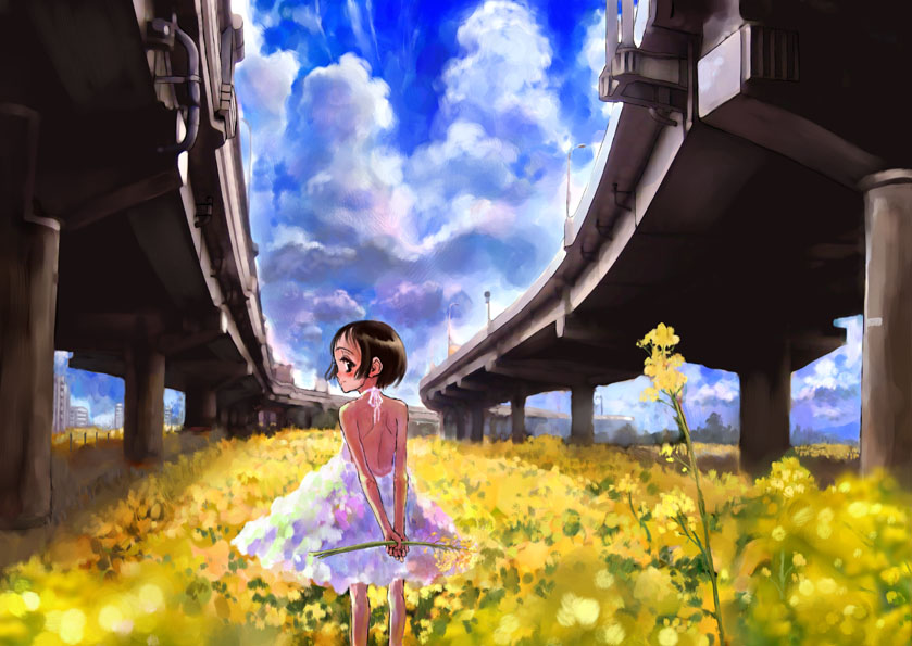 sasahara yuuki, 1girl, arms behind back, backless dress, backless outfit, bare arms, bare back, black eyes, black hair, blush, bridge, cloud, day, dress, female focus, field, flower, from behind, halterneck, looking at viewer, looking back, outdoors, short dress, short hair, sky, solo, standing, sundress, white dress