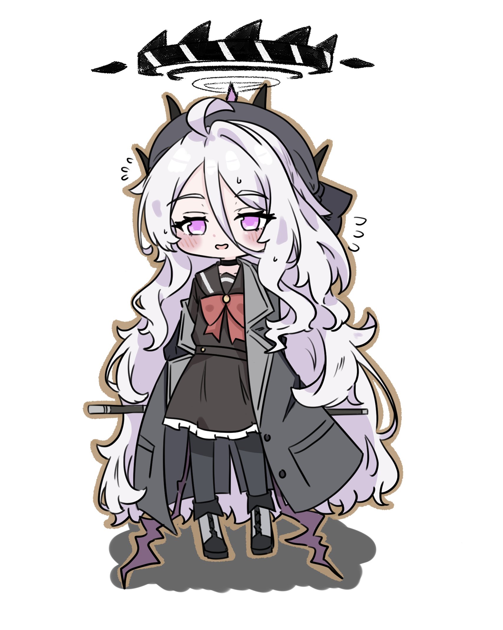 e v e neko, hina (blue archive), professor niyaniya (blue archive), blue archive, highres, ahoge, black halo, blush, chibi, coat, coat on shoulders, cosplay, demon girl, demon horns, demon wings, full body, halo, horns, long hair, looking at viewer, professor niyaniya (blue archive) (cosplay), purple eyes, simple background, skirt, standing, very long hair, white background, white hair, wings