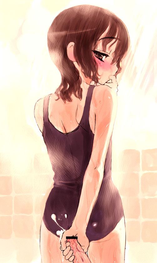 sasahara yuuki, finger in mouth, copyright request, 1girl, ass, blush, brown hair, bukkake, censored, cum, handjob, loli, mixed-sex bathing, one-piece swimsuit, penis, school swimsuit, shared bathing, showering, solo focus, swimsuit