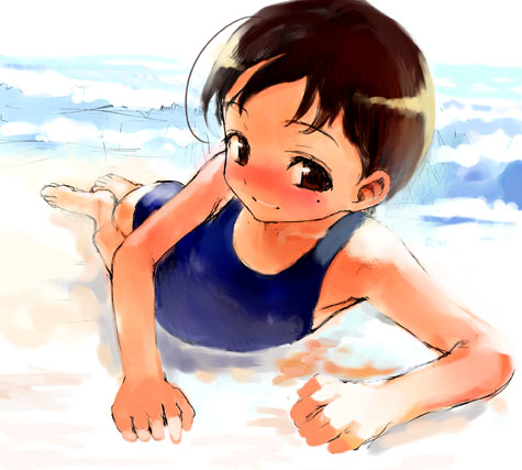 sasahara yuuki, copyright request, lowres, 1girl, beach, brown hair, female focus, flat chest, loli, one-piece swimsuit, outdoors, school swimsuit, solo, swimsuit, water