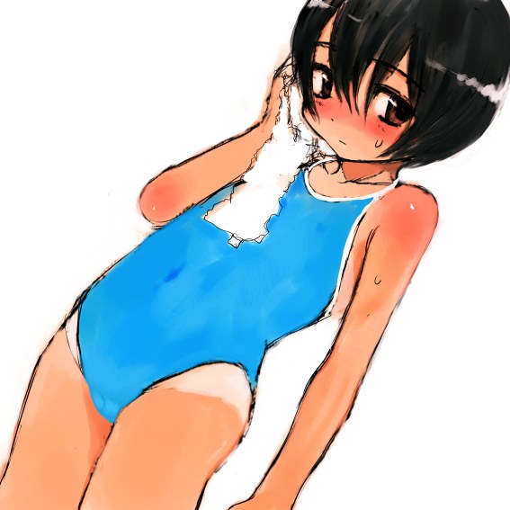 sasahara yuuki, copyright request, 1girl, black hair, blue one-piece swimsuit, blush, brown eyes, cameltoe, covered navel, dutch angle, female focus, flat chest, loli, one-piece swimsuit, one-piece tan, short hair, simple background, solo, swimsuit, tan, tanline, towel, wet, white background