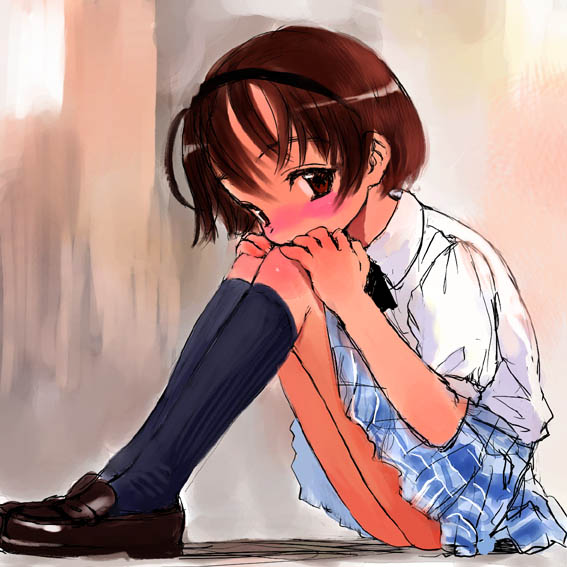 sasahara yuuki, 1girl, blush, brown eyes, brown hair, child, female focus, hugging own legs, kneehighs, knees to chest, legs together, no panties, school uniform, serafuku, short hair, sitting, socks, solo