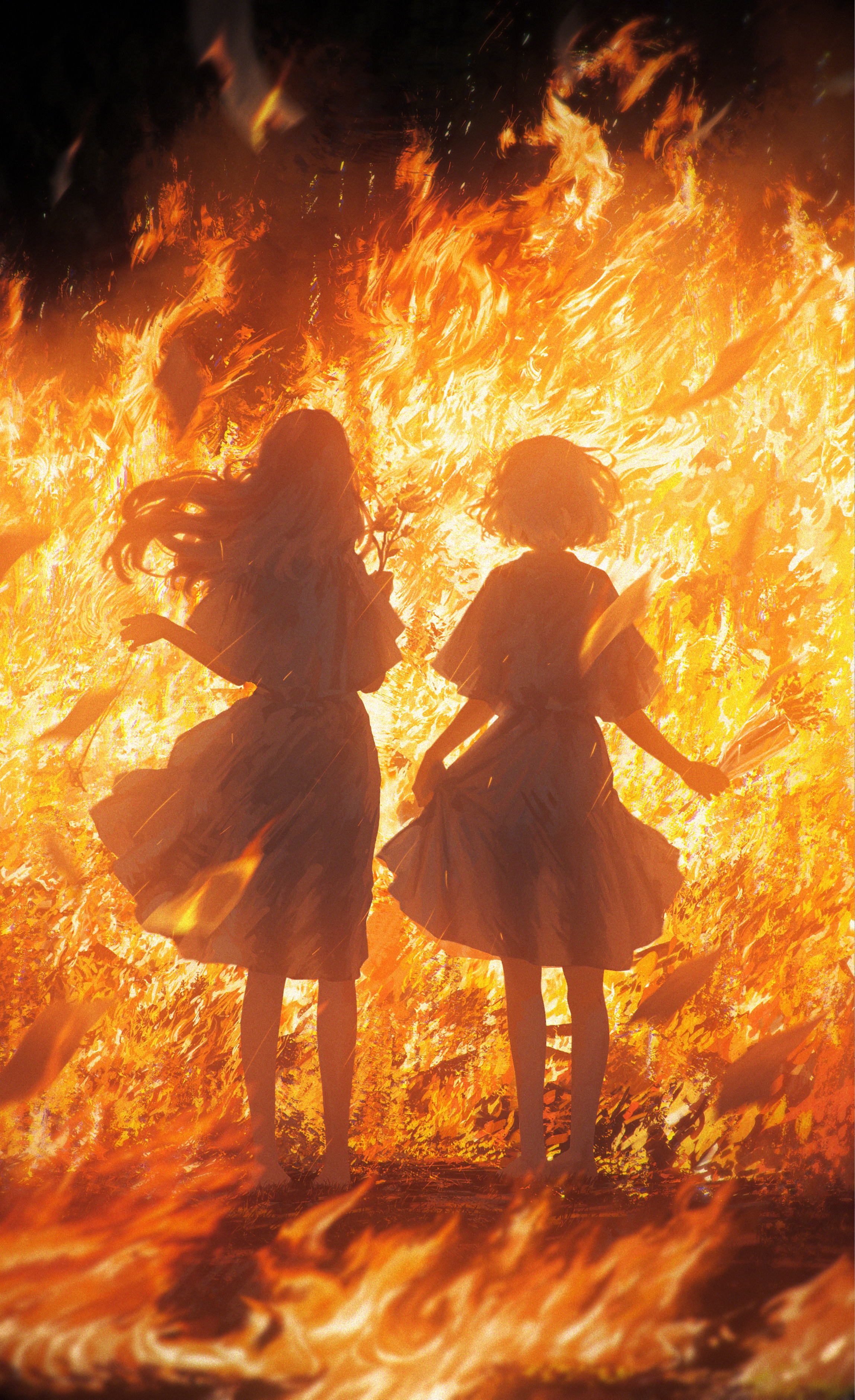 lantern2015, original, absurdres, chinese commentary, commentary request, highres, 2girls, arms at sides, barefoot, bob cut, dress, fire, floating clothes, floating hair, from behind, full body, hand up, holding, long hair, multiple girls, peril, scenery, short hair, short sleeves, silhouette, standing
