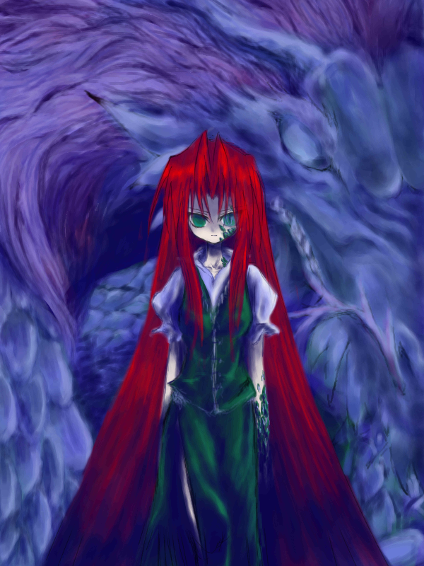 ugatsu matsuki, ugatsumatsuki, ex-meiling, hong meiling, hong meiling (dragon), immaterial and missing power, touhou, 1girl, dragon, dragon girl, female focus, long hair, monster girl, red hair, scales, solo, transformation, very long hair