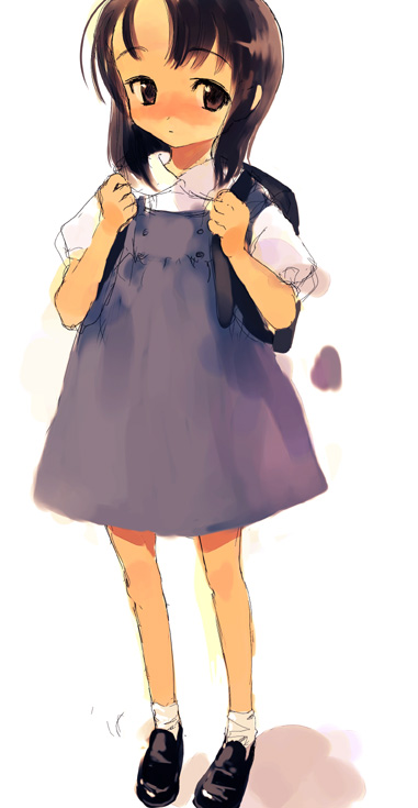 sasahara yuuki, 1girl, backpack, bag, black hair, brown eyes, dress, female focus, randoseru, short hair, solo, standing