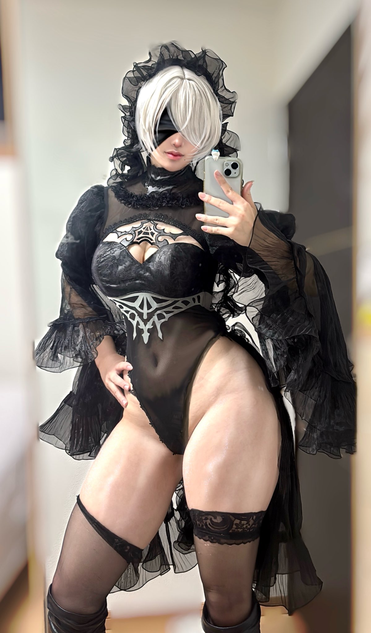 real life, photo (medium), tagme, 2b (nier:automata) (cosplay), shiny skin, thick thighs, thighs