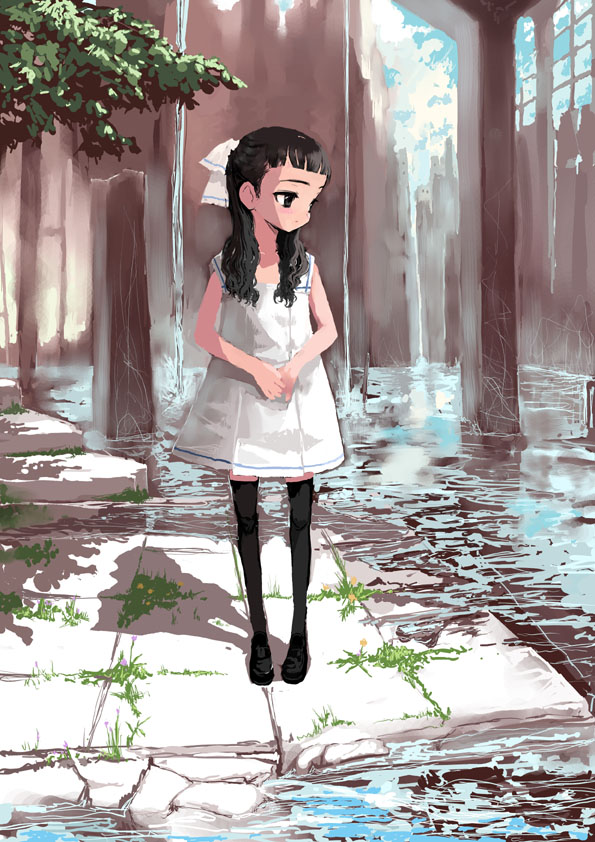 sasahara yuuki, looking away, 1girl, black eyes, black hair, day, dress, expressionless, female focus, flat chest, hair ribbon, long hair, outdoors, ribbon, ruins, short dress, solo, standing, thighhighs, water, zettai ryouiki