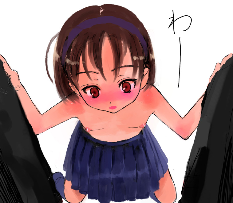 sasahara yuuki, copyright request, 1boy, 1girl, :o, age difference, ahoge, blue socks, blush, body blush, brown eyes, brown hair, flat chest, from above, hairband, kneehighs, kneeling, leg grab, loli, nipples, no bra, nose blush, open mouth, out-of-frame censoring, pants, penis awe, pleated skirt, pov, red eyes, short hair, simple background, sketch, skirt, socks, solo focus, spread legs, surprised, topless female, white background