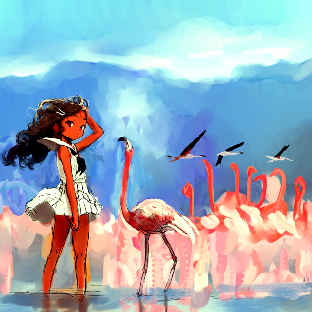 sasahara yuuki, ass, bird, black hair, brown eyes, brown hair, dark-skinned female, dark skin, flamingo, flat chest, hair ornament, hairclip, loli, long hair, looking back, no panties, skirt, solo, tan, water, wind, wind lift