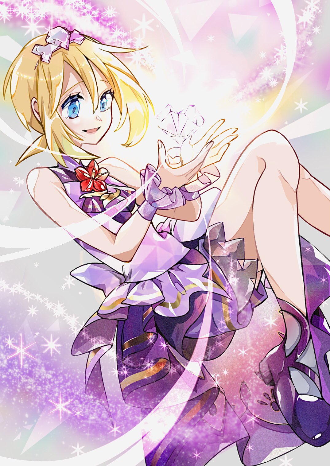 cocoa s3, irida (anniversary 2025) (pokemon), irida (pokemon), nintendo, pokemon, pokemon masters ex, highres, 1girl, blonde hair, breasts, crystal, dress, hair between eyes, headband, neckerchief, official alternate costume, open mouth, purple dress, purple headband, purple neckerchief, purple shorts, purple wrist cuffs, shoes, short hair, shorts, shorts under dress, sleeveless, sleeveless dress, smile, solo, wrist cuffs