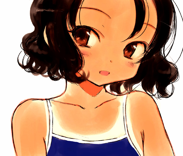sasahara yuuki, 1girl, black hair, blue one-piece swimsuit, blush, brown eyes, curly hair, female focus, head tilt, loli, one-piece swimsuit, one-piece tan, open mouth, portrait, red eyes, short hair, simple background, solo, swimsuit, tan, tanline, upper body, wavy hair, white background