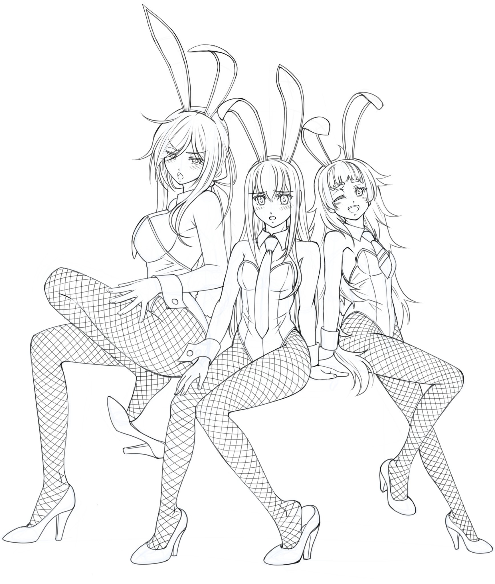 eibon, hiyajou maho, kunosato mio, makise kurisu, chaos;child, science adventure, steins;gate, highres, 3girls, :o, animal ears, annoyed, bare shoulders, blunt bangs, blush, bow, bowtie, breasts, cleavage, detached collar, embarrassed, fake animal ears, fishnets, full body, furrowed brow, hair between eyes, high heels, leotard, long hair, looking at viewer, medium breasts, monochrome, multiple girls, necktie, open mouth, pantyhose, playboy bunny, rabbit ears, rabbit tail, shoes, simple background, sitting, small breasts, smile, standing, standing on one leg, strapless, tail, tongue, white background, wrist cuffs