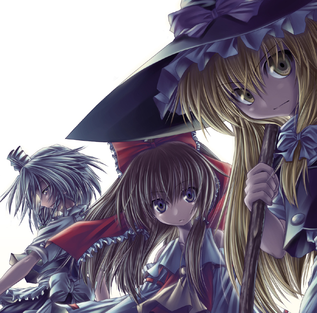 hakurei reimu, izayoi sakuya, kirisame marisa, touhou, 3girls, blonde hair, bow, female focus, hair bow, hair ribbon, hat, maid, maid headdress, multiple girls, ribbon