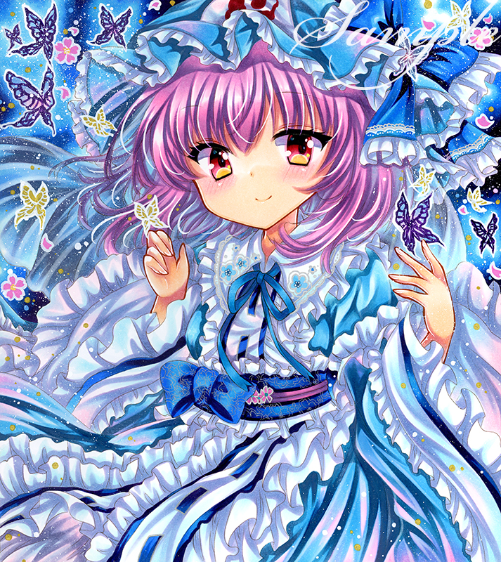 rui (sugar3), saigyouji yuyuko, touhou, marker (medium), traditional media, blue dress, blue hat, bug, butterfly, closed mouth, dress, frilled dress, frills, hands up, hat, insect, looking at viewer, pink hair, red eyes, sample watermark, smile, upper body, watermark